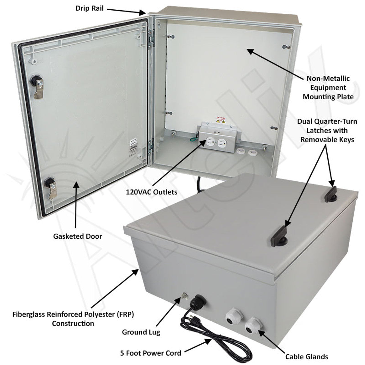 Altelix 20x16x8 NEMA 3X Fiberglass Weatherproof WiFi Enclosure with Non-Metallic Equipment Mounting Plate & 120 VAC Outlets & Power Cord - 0