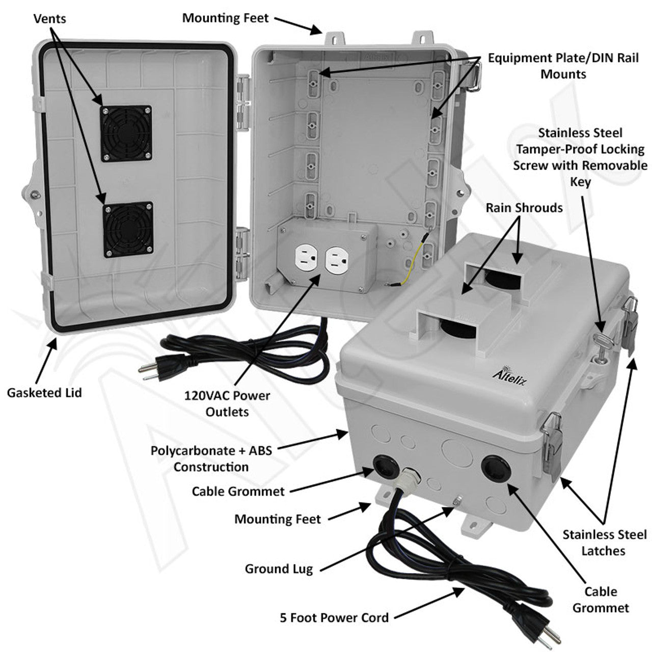 Altelix 12x9x7 Polycarbonate + ABS Vented RF Transparent Outdoor WiFi Enclosure with 120 VAC Outlets & Power Cor - 0
