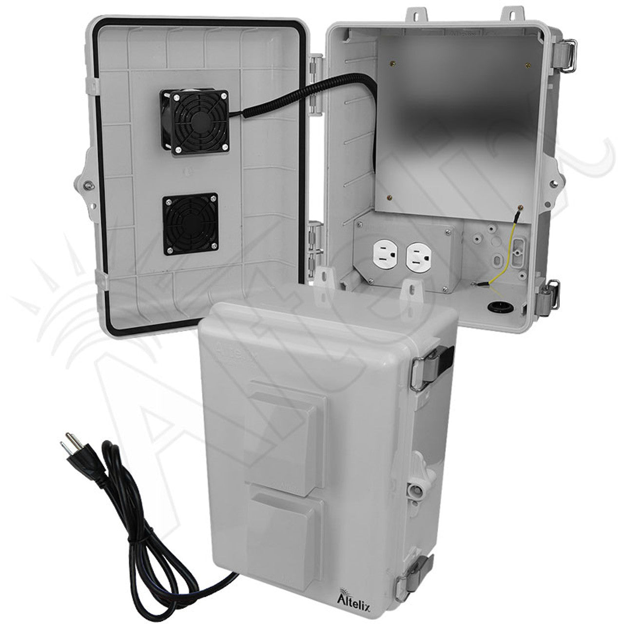 Altelix 12x9x7 Polycarbonate + ABS Vented Enclosure with Aluminum Equipment Mounting Plate, Cooling Fan, 120 VAC Outlets & Power Cord