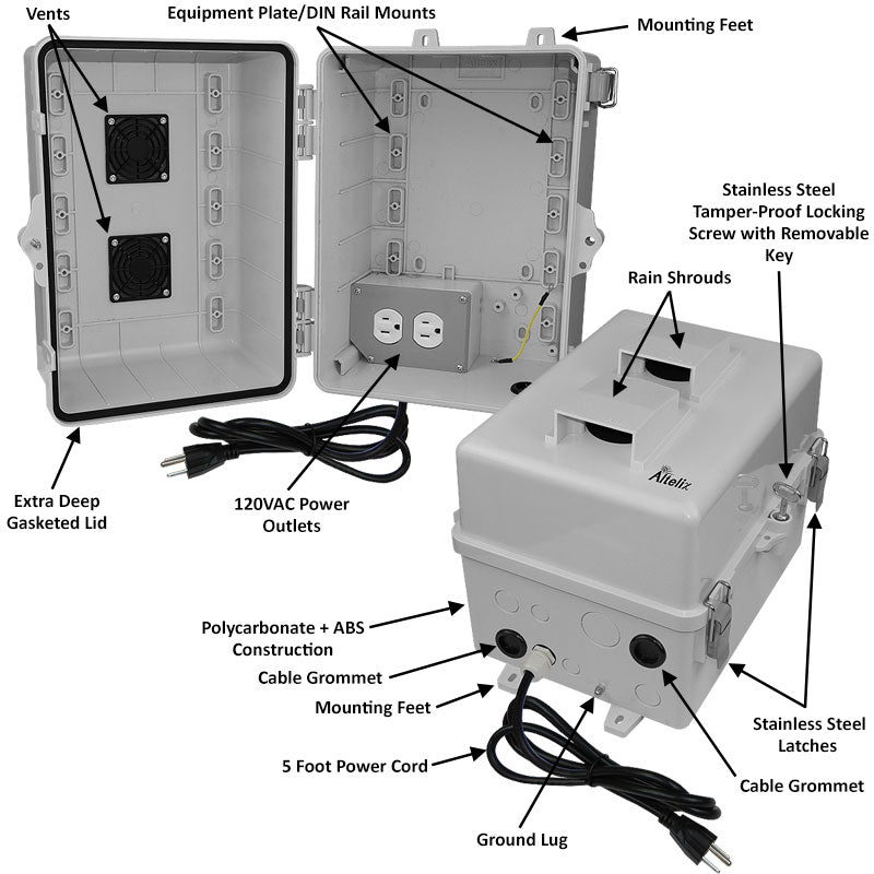Altelix 12x9x9 Polycarbonate + ABS Vented RF Transparent Outdoor WiFi Enclosure with 120 VAC Outlets & Power Cord