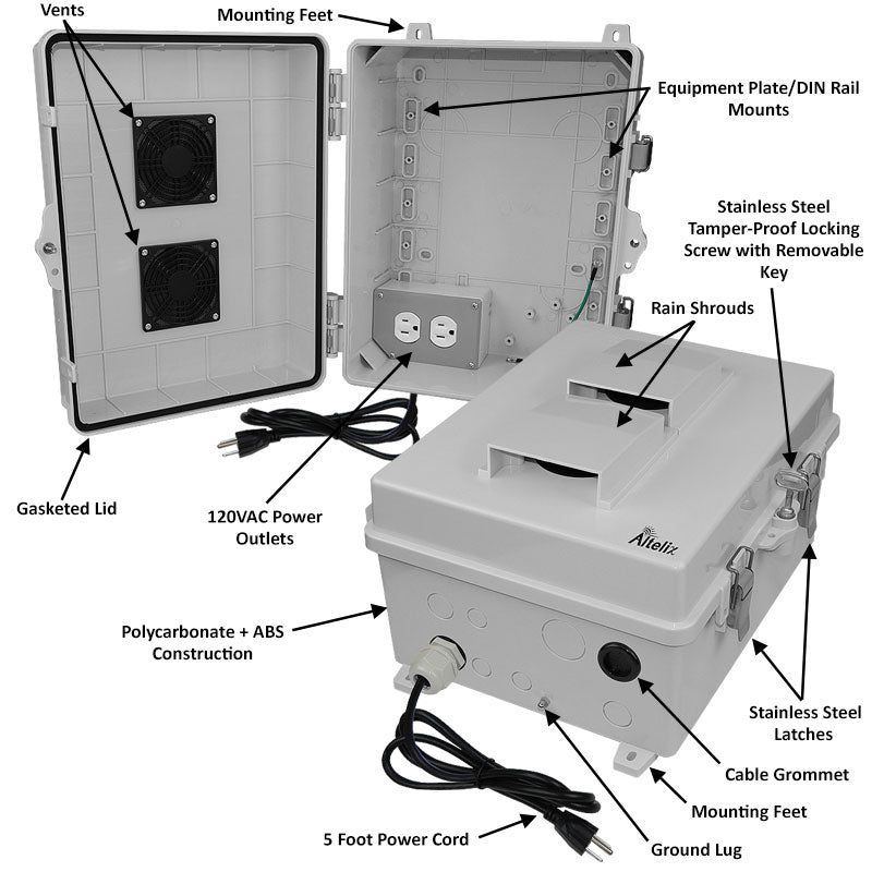 Altelix 14x11x7 Polycarbonate + ABS Vented RF Transparent Outdoor WiFi Enclosure with 120 VAC Outlets & Power Cord