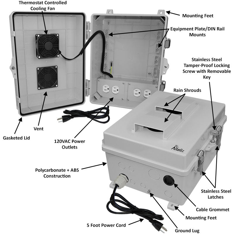 Altelix Polycarbonate + ABS Vented RF Transparent Outdoor WiFi Enclosure with Cooling Fan, 120 VAC Outlets & Power Cord - 0
