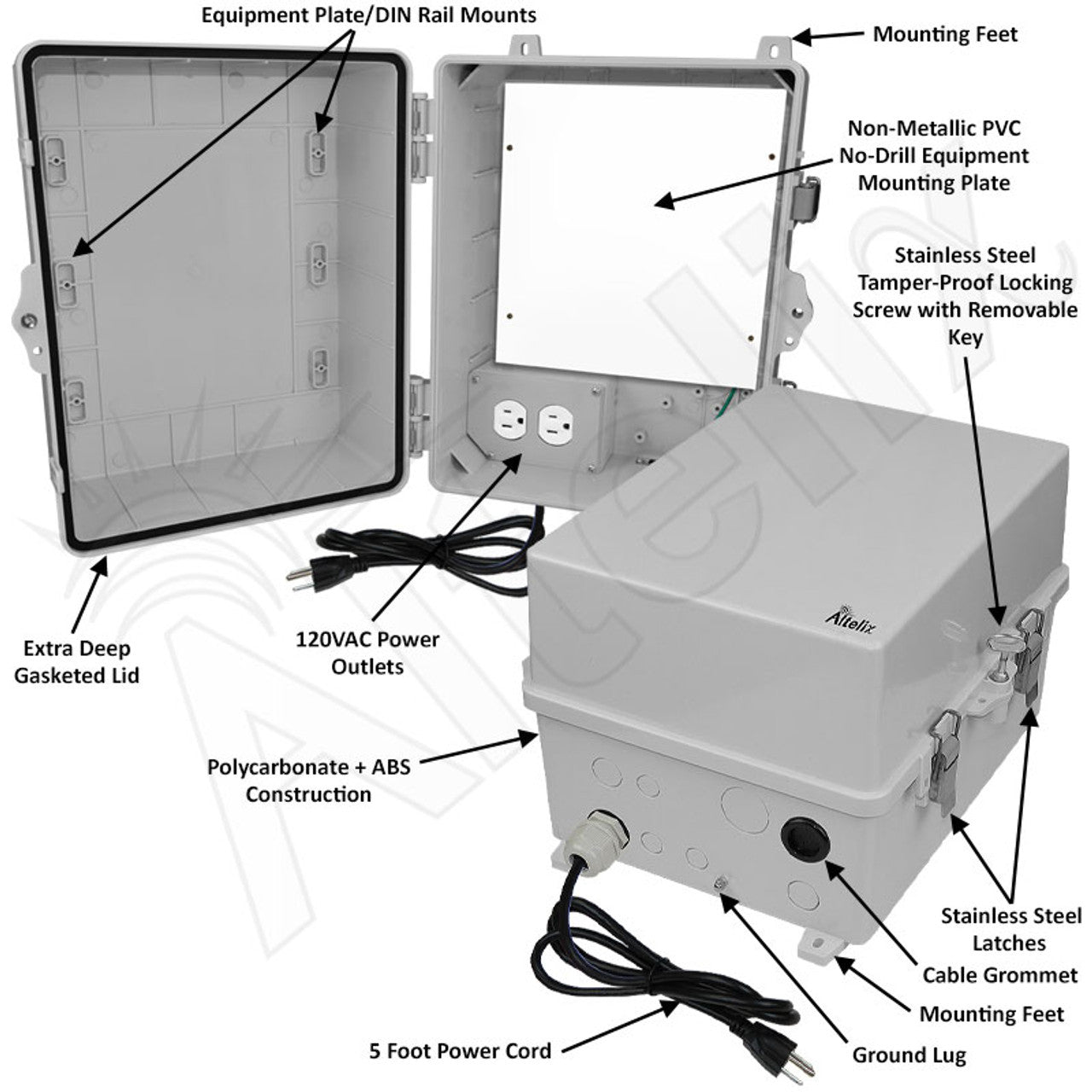 Altelix 14x11x9 Polycarbonate + ABS NEMA 4X RF Transparent Outdoor WiFi Enclosure with No-Drill PVC Equipment Mounting Plate, 120 VAC Outlets & Power Cord - 0
