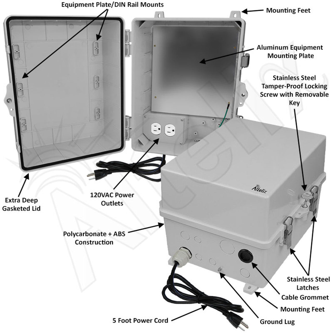 Altelix 14x11x9 Polycarbonate + ABS NEMA 4X Enclosure with Aluminum Equipment Mounting Plate, 120 VAC Outlets & Power Cord - 0