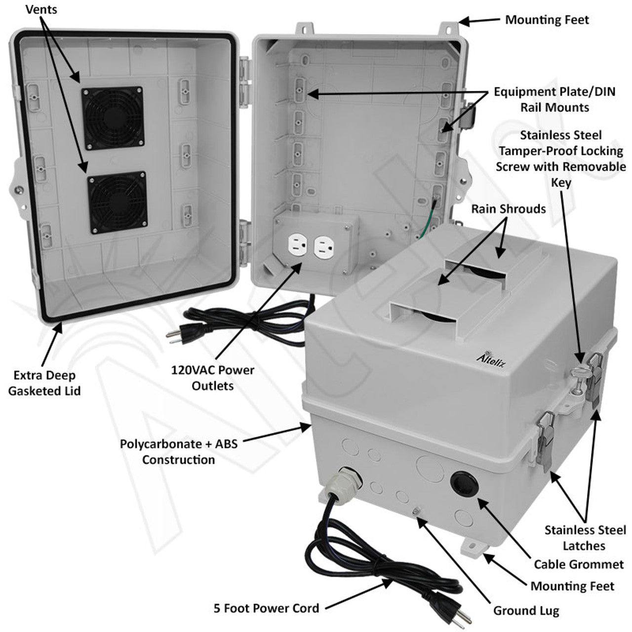 Altelix 14x11x9 Polycarbonate + ABS Vented RF Transparent Outdoor WiFi Enclosure with 120 VAC Outlets & Power Cord - 0