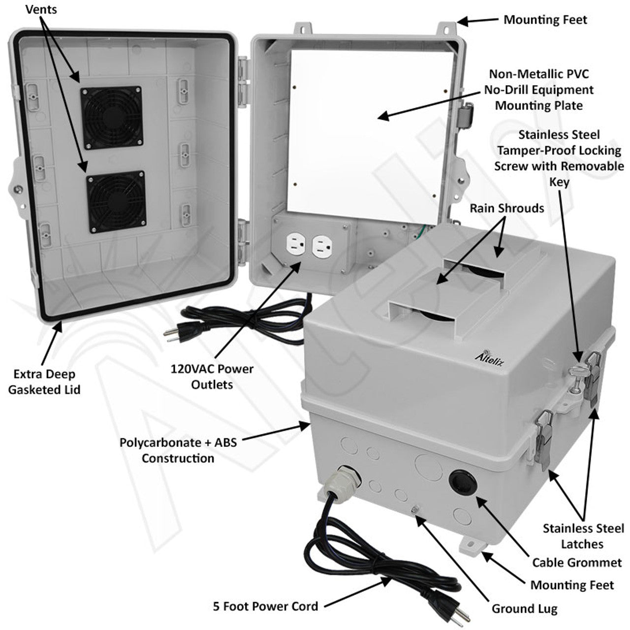Altelix 14x11x9 Polycarbonate + ABS Vented RF Transparent Outdoor WiFi Enclosure with No-Drill PVC Equipment Mounting Plate, 120 VAC Outlets & Power Cord - 0
