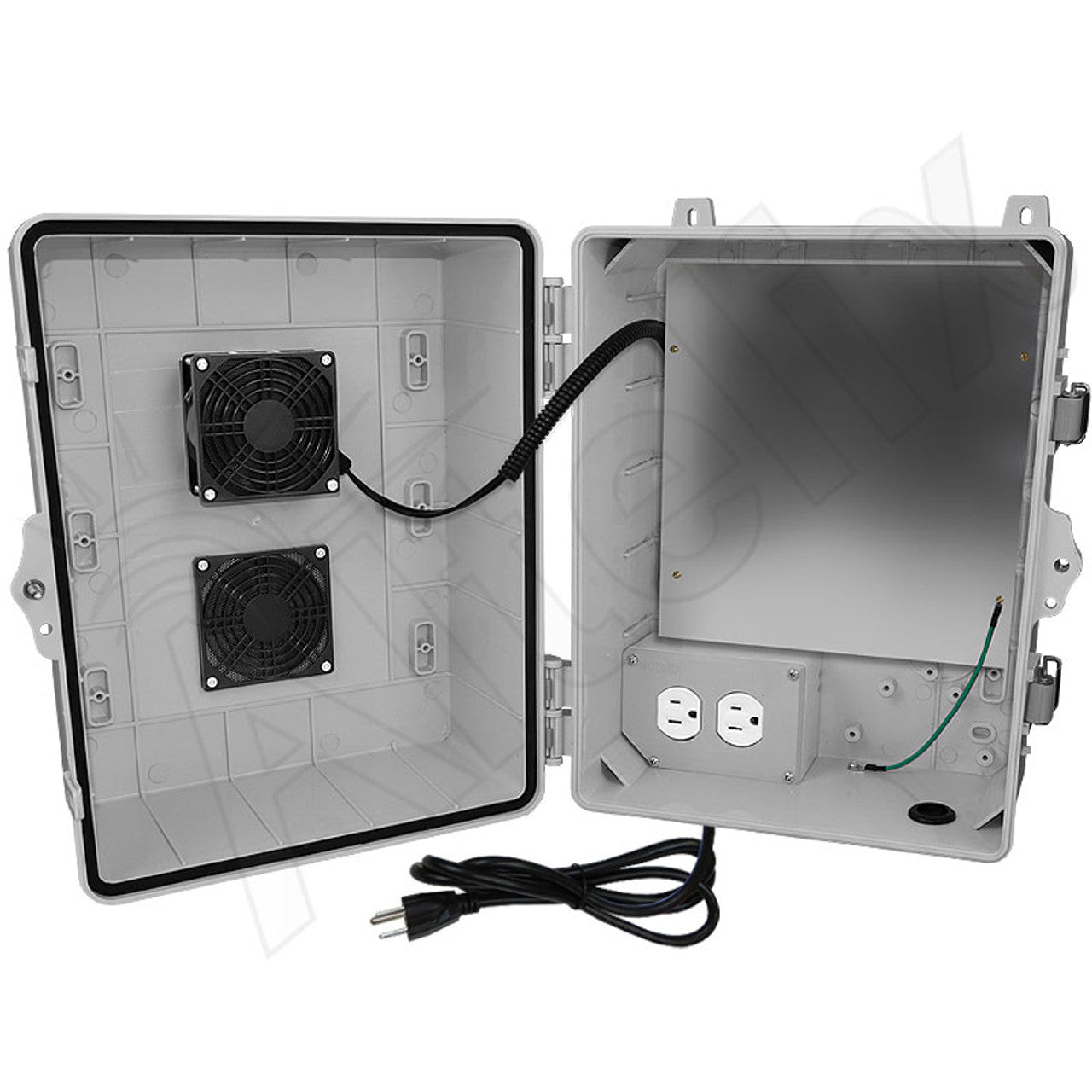 Altelix 14X11x9 Polycarbonate + ABS Vented Enclosure with Aluminum Equipment Mounting Plate, Cooling Fan, 120 VAC Outlets & Power Cord
