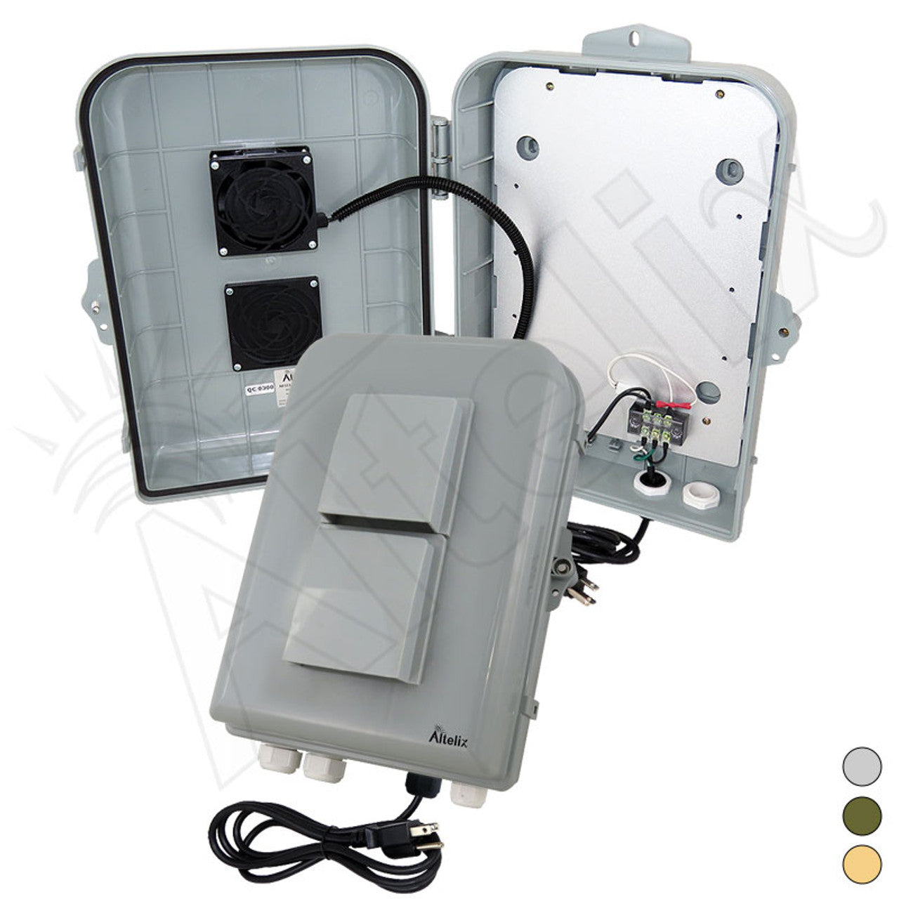 Altelix 15x10x5 Polycarbonate + ABS Vented Weatherproof Enclosure with 120VAC Cooling Fan, Power Terminal & Power Cord