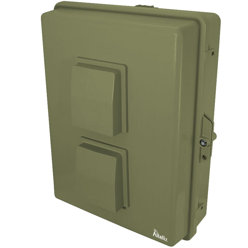 Buy green Altelix 17x14x6 Polycarbonate + ABS Vented RF Transparent Outdoor WiFi Enclosure with No-Drill PVC Equipment Mounting Plate, 120 VAC Outlets, Power Cord &amp; Cooling Fan with Digital Temperature Controller