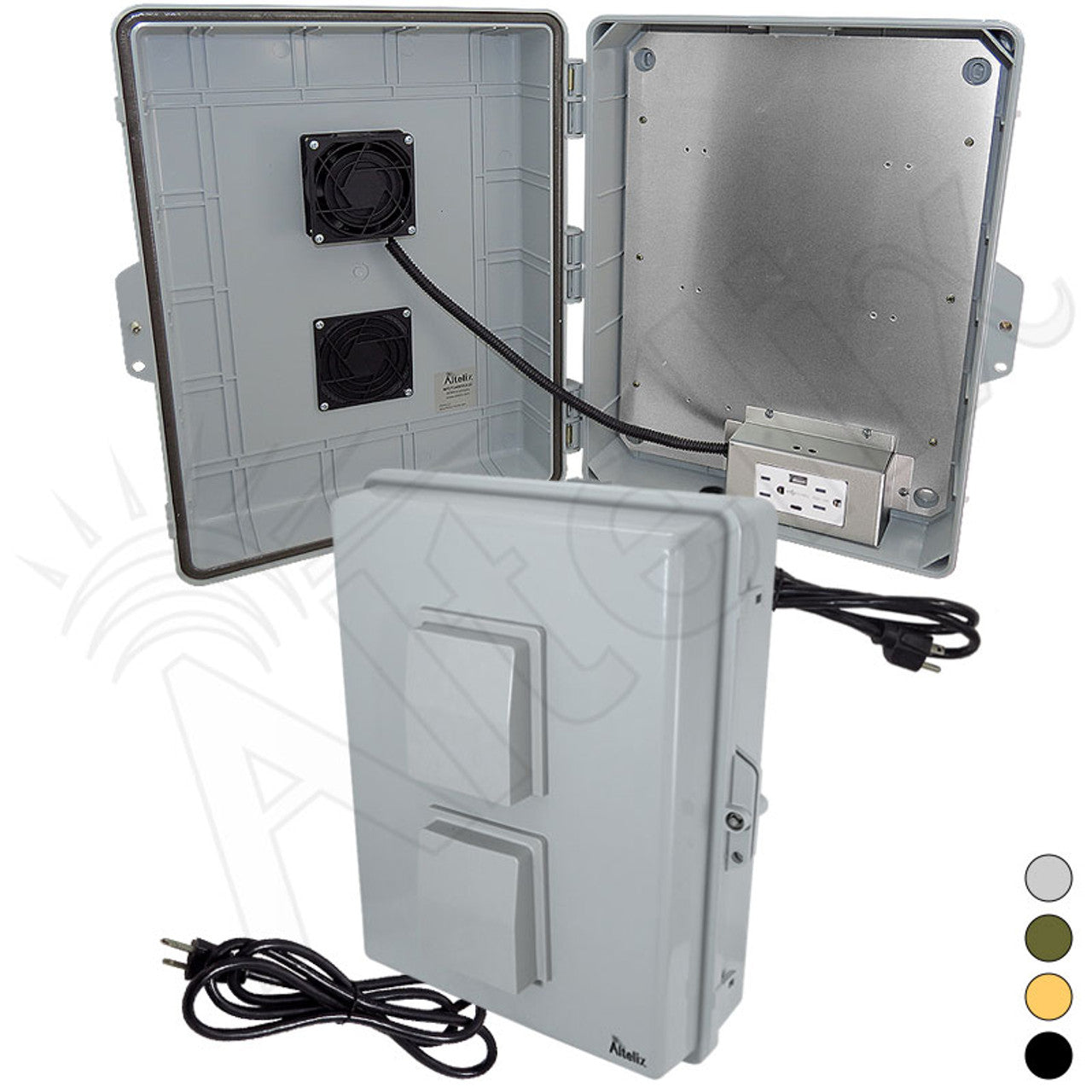 Altelix 17x14x6 Vented Polycarbonate + ABS Weatherproof NEMA Enclosure with Cooling Fan, 120 VAC Outlets, (2) USB Ports & Power Cord