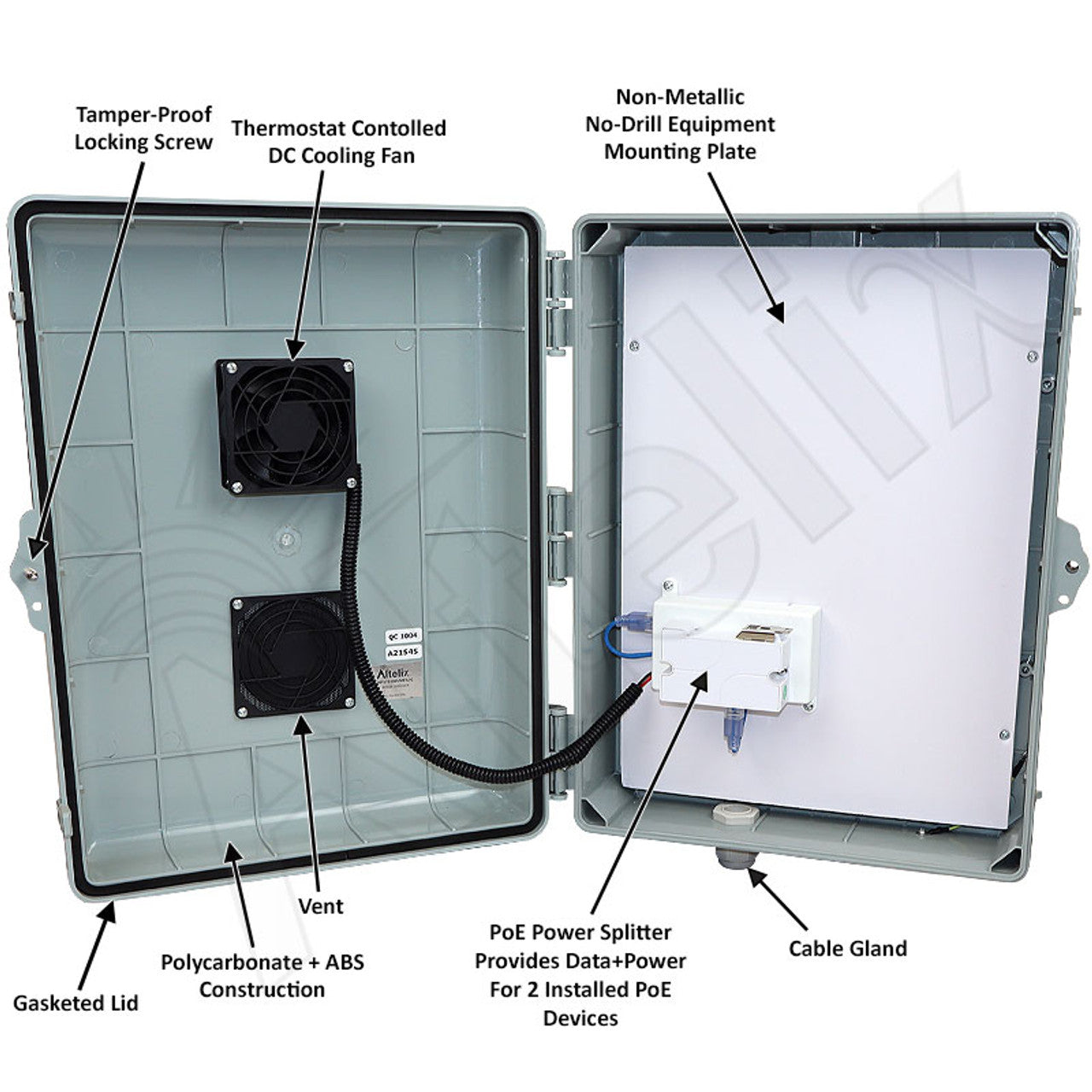 Altelix 17x14x6 PoE Powered Vented Polycarbonate + ABS Weatherproof NEMA Enclosure with DC Cooling Fan & 2-Port PoE Power Splitter