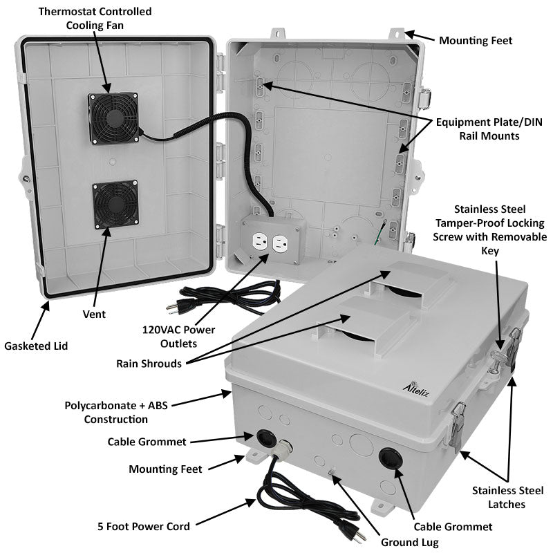 Altelix 17x14x7 Polycarbonate + ABS Vented RF Transparent Outdoor WiFi Enclosure with Cooling Fan, 120 VAC Outlets & Power Cord - 0