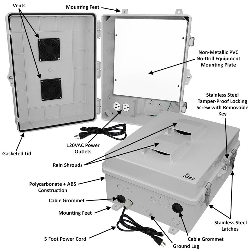 Altelix 17x14x7 Polycarbonate + ABS Vented RF Transparent Outdoor WiFi Enclosure with No-Drill PVC Equipment Mounting Plate, 120 VAC Outlets & Power Cord - 0