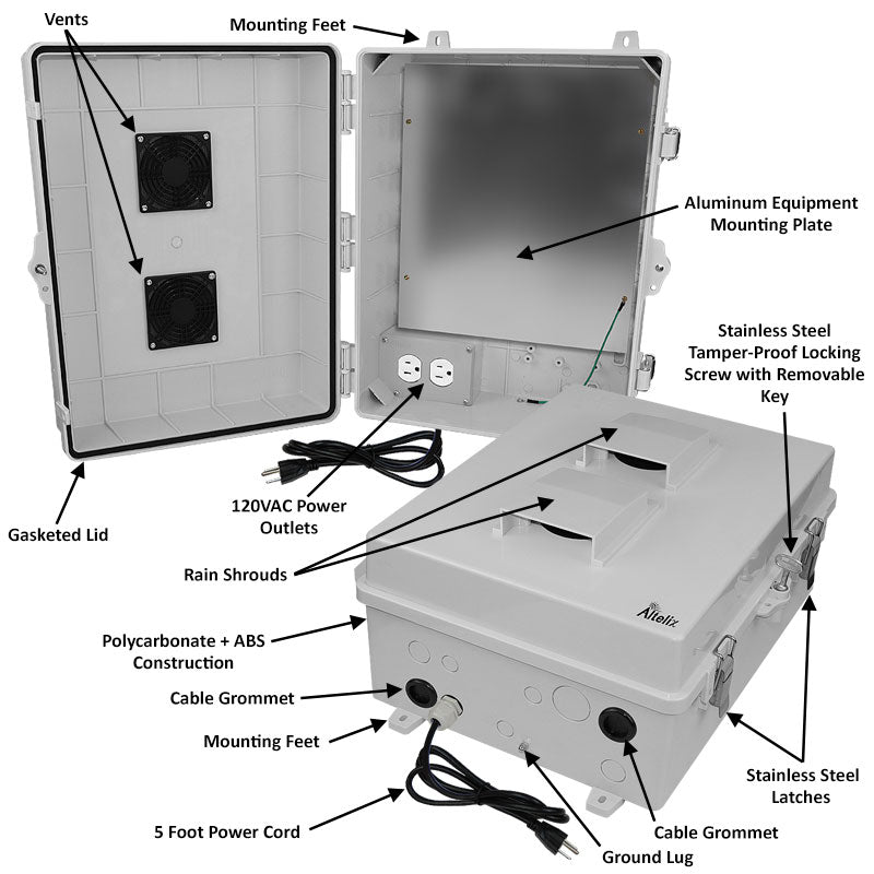 Altelix 17x14x7 Polycarbonate + ABS Vented Enclosure with Aluminum Equipment Mounting Plate, 120 VAC Outlets & Power Cord - 0