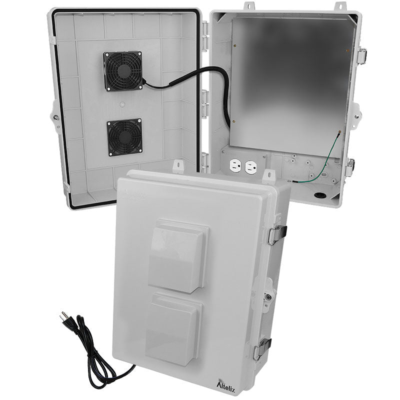 Altelix 17x14x7 Polycarbonate + ABS Vented Enclosure with Aluminum Equipment Mounting Plate, Cooling Fan, 120 VAC Outlets & Power Cord
