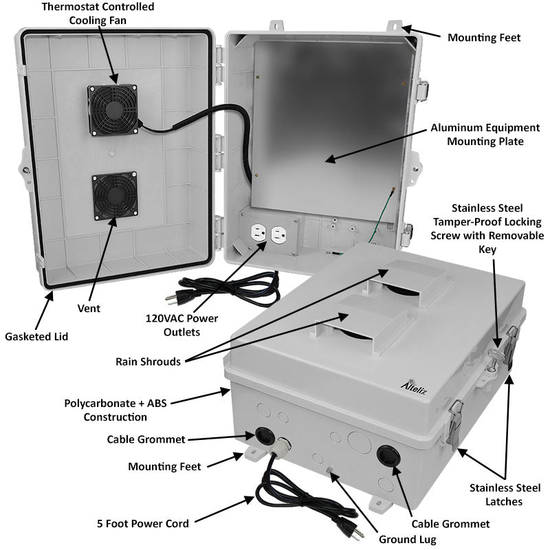 Altelix 17x14x7 Polycarbonate + ABS Vented Enclosure with Aluminum Equipment Mounting Plate, Cooling Fan, 120 VAC Outlets & Power Cord - 0