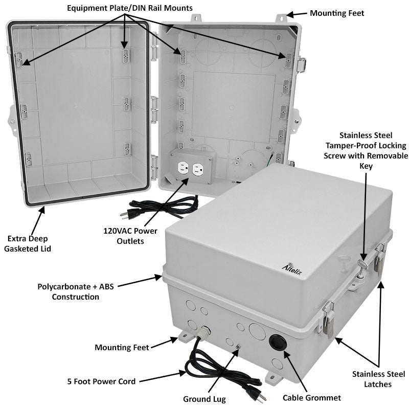 Altelix 17x14x9 Polycarbonate + ABS NEMA 4X RF Transparent Outdoor WiFi Enclosure with 120 VAC Outlets & Power Cord - 0