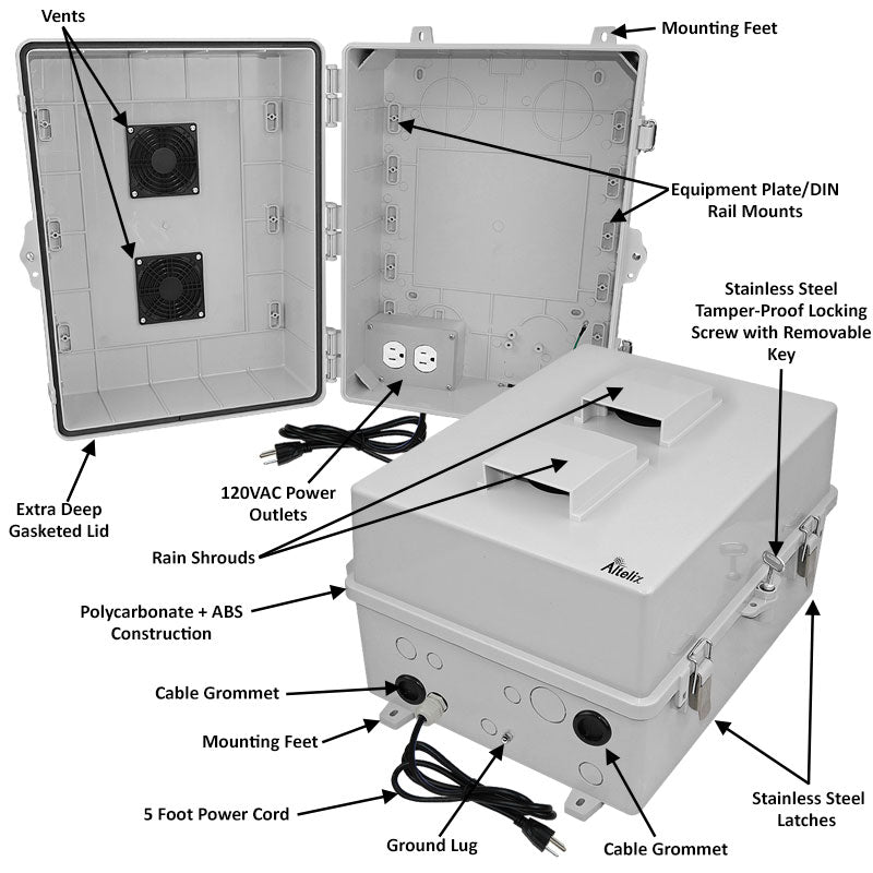 Altelix 17x14x9 Polycarbonate + ABS Vented RF Transparent Outdoor WiFi Enclosure with 120 VAC Outlets & Power Cord - 0