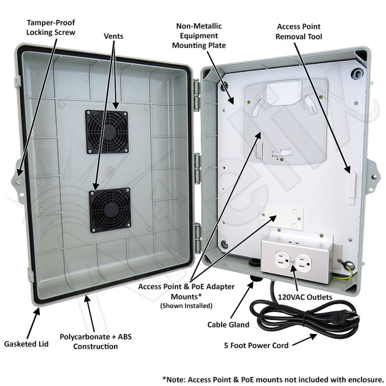 Altelix Vented Weatherproof Enclosure for TP-Link¬Æ AC1350 EAP225 V3 Access Point with 120VAC Outlets and Power Cord - 0