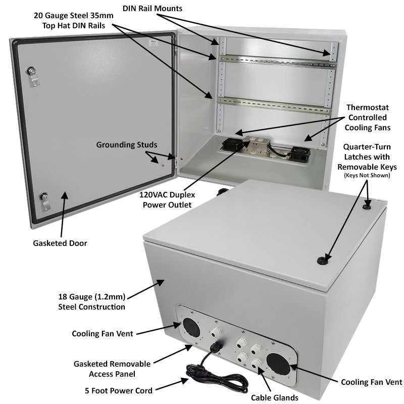 Altelix Industrial DIN Rail Steel Weatherproof NEMA Enclosure with Dual Cooling Fans, Single 120 VAC Duplex Outlet and Power Cord - 0