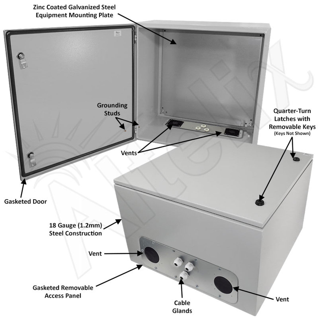 Altelix 24x24x16 Vented Steel Weatherproof NEMA Enclosure with Steel Equipment Mounting Plate and 2U Equipment Rack