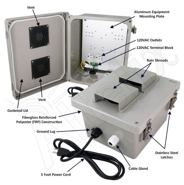 Altelix Vented Fiberglass Weatherproof NEMA Enclosure with 120 VAC Outlets and Power Cord - 0