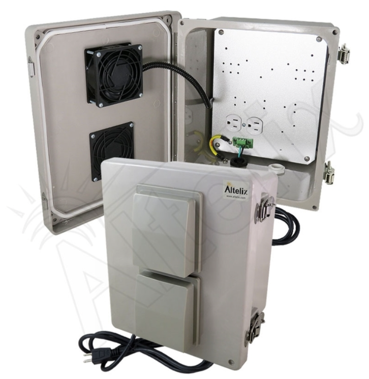 Altelix Vented Fiberglass Weatherproof NEMA Enclosure with Cooling Fan, 120 VAC Outlets & Power Cord
