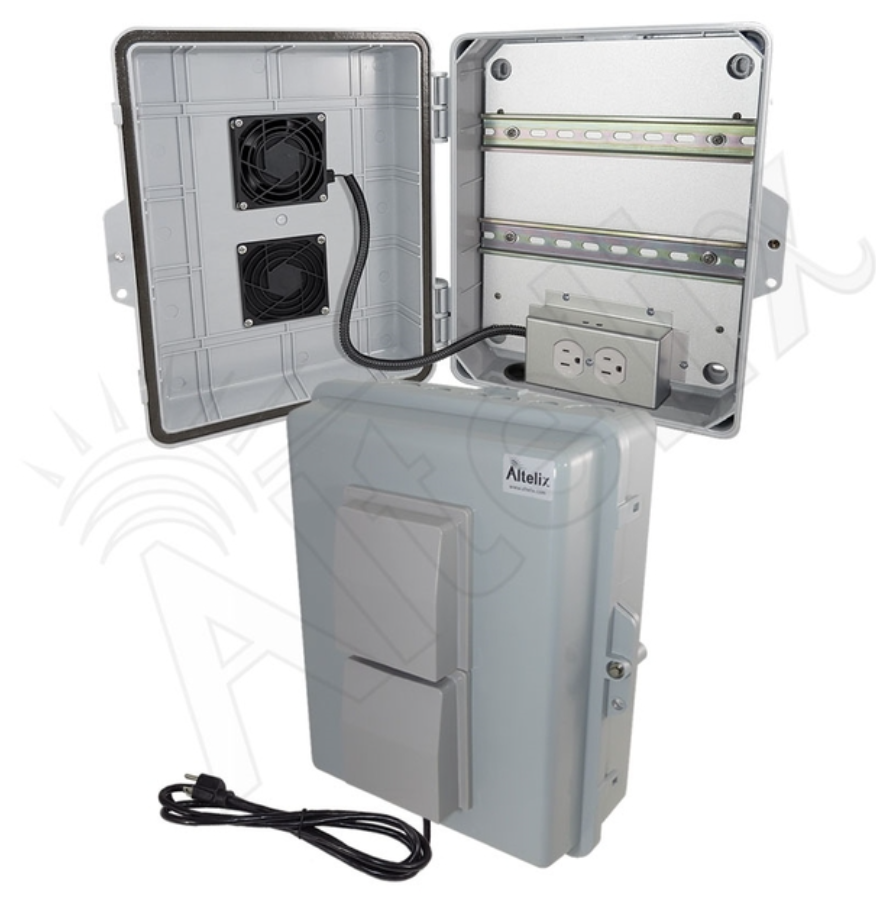 Altelix 14x11x5 Vented DIN Rail Polycarbonate + ABS Weatherproof NEMA Enclosure with Cooling Fan, 120 VAC Outlets & Power Cord