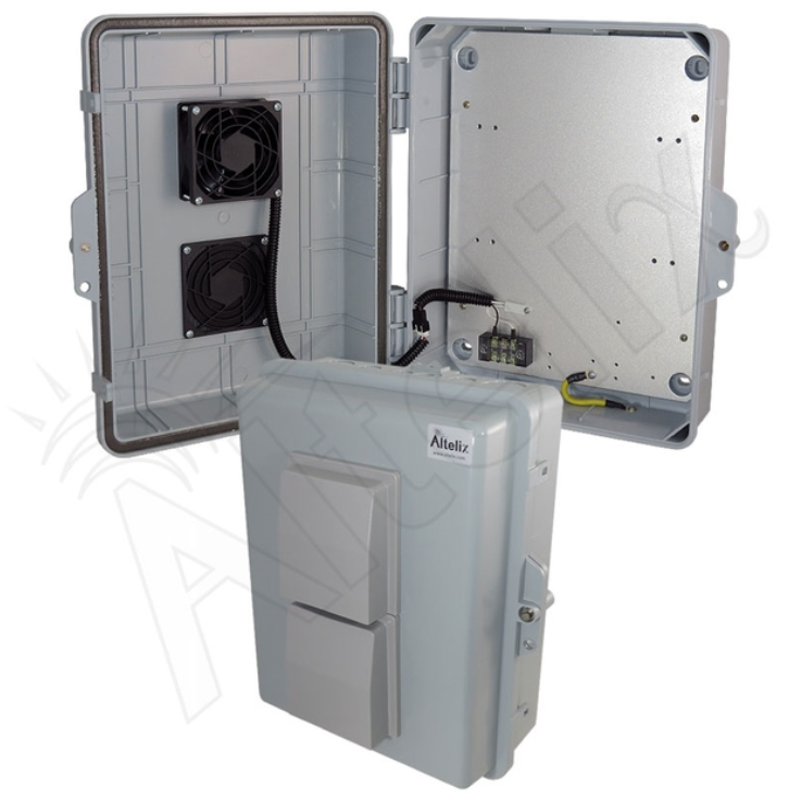 Altelix 14x11x5 Vented Polycarbonate + ABS Weatherproof NEMA Enclosure with 48 VDC Cooling Fan