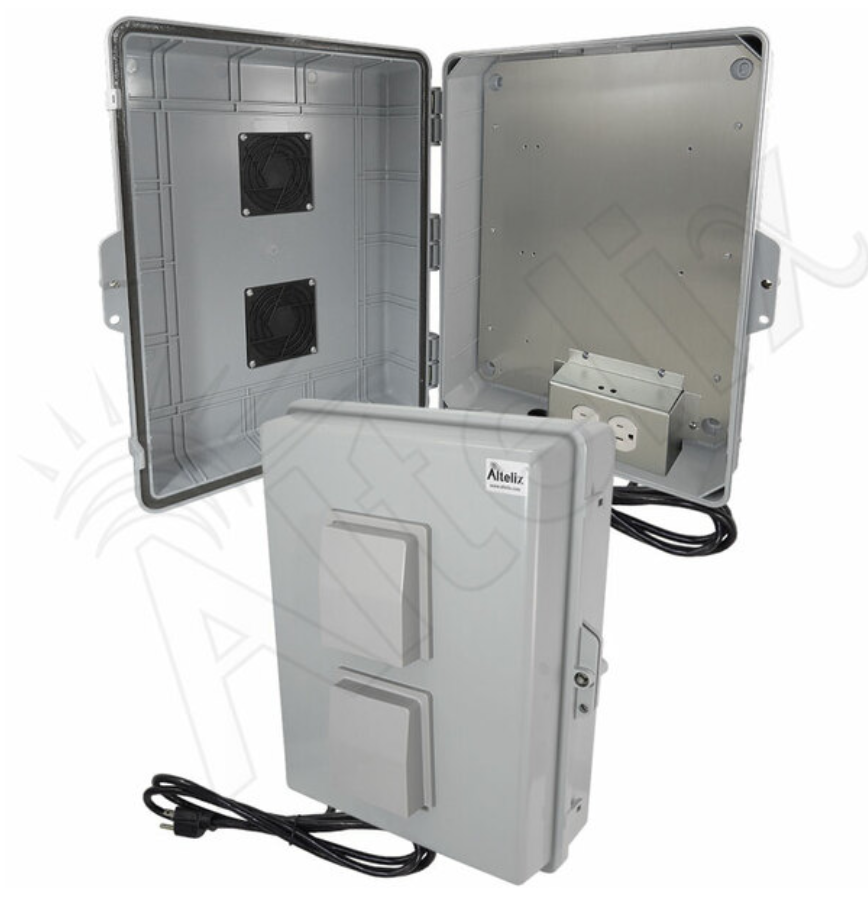 Altelix 17x14x6 Polycarbonate + ABS Vented Weatherproof NEMA Enclosure with Aluminum Mounting Plate, 120 VAC Outlets & Power Cord