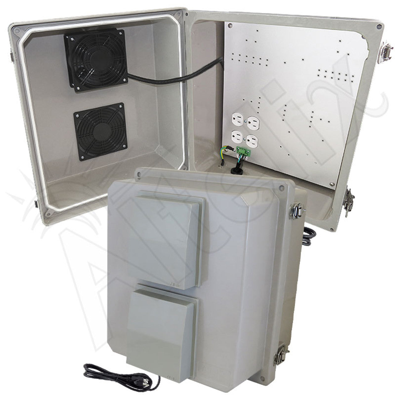 Altelix Fiberglass Vented & Heated Weatherproof NEMA Enclosure with Cooling Fan, 200W Heater, 120 VAC Outlets & Power Cord