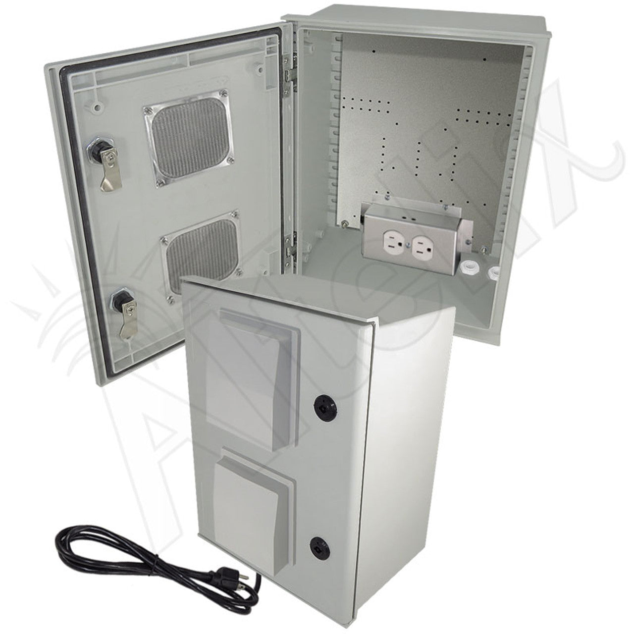 Altelix Vented Fiberglass Weatherproof NEMA Enclosure with Equipment Mounting Plate, 120 VAC Outlets & Power Cord