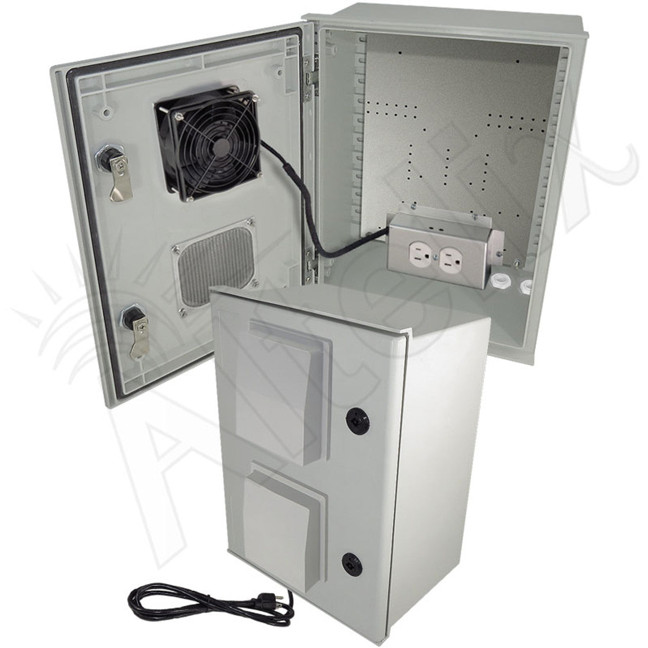 Altelix Vented Fiberglass Weatherproof NEMA Enclosure with 120 VAC Outlets, Power Cord & 85°F Turn-On Cooling Fan