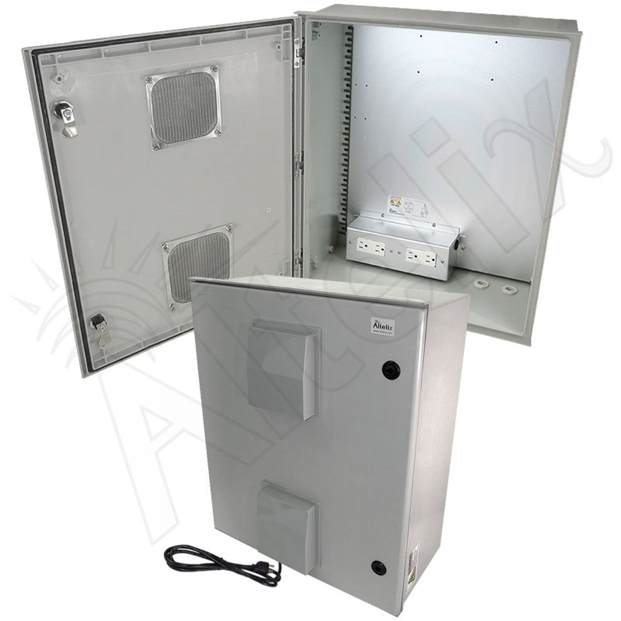 Altelix Vented Fiberglass Weatherproof NEMA Enclosure with Equipment Mounting Plate, 120 VAC Outlets & Power Cord